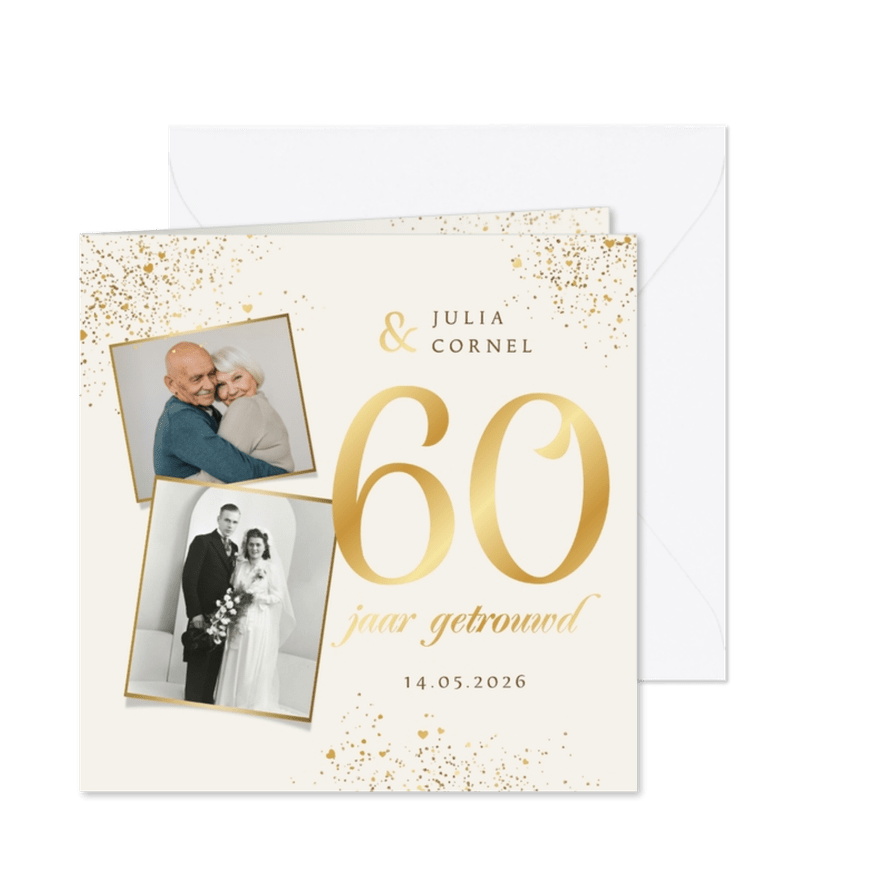 Jubileumfeest 60 jaar getrouwd goud diamant foto hartjes - Kaartimpressie