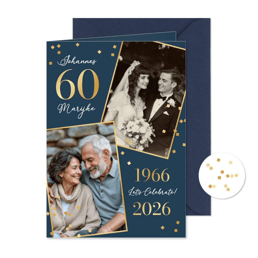 Jubileumfeest 60 jaar getrouwd trouwdag confetti goud - Kaartimpressie
