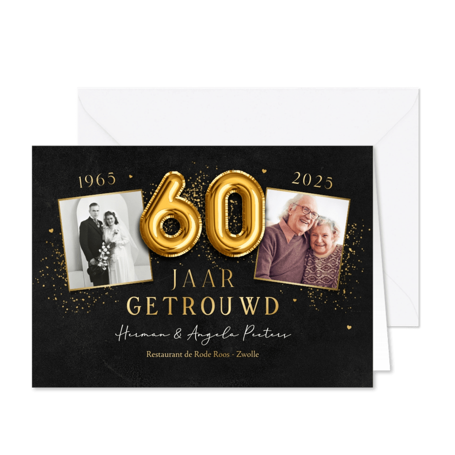 Jubileumfeest 60 jaar krijt ballonnen goud foto hartjes - Kaartimpressie