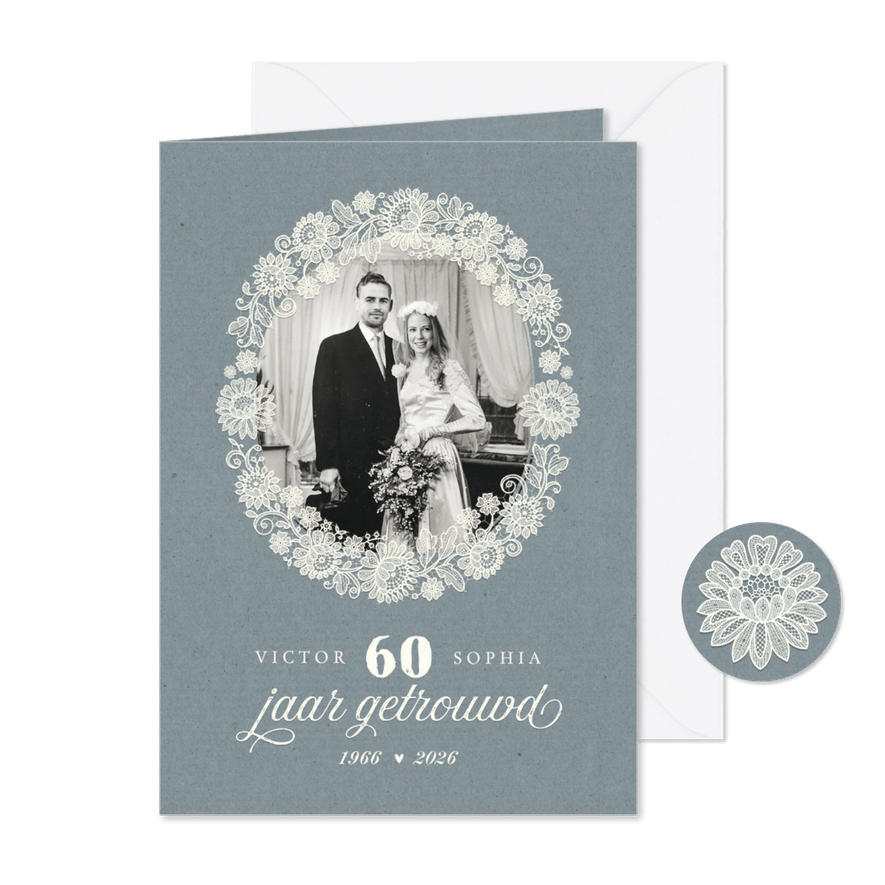 Jubileumfeest 60 jaar vintage kant bloemen foto kraft - Kaartimpressie