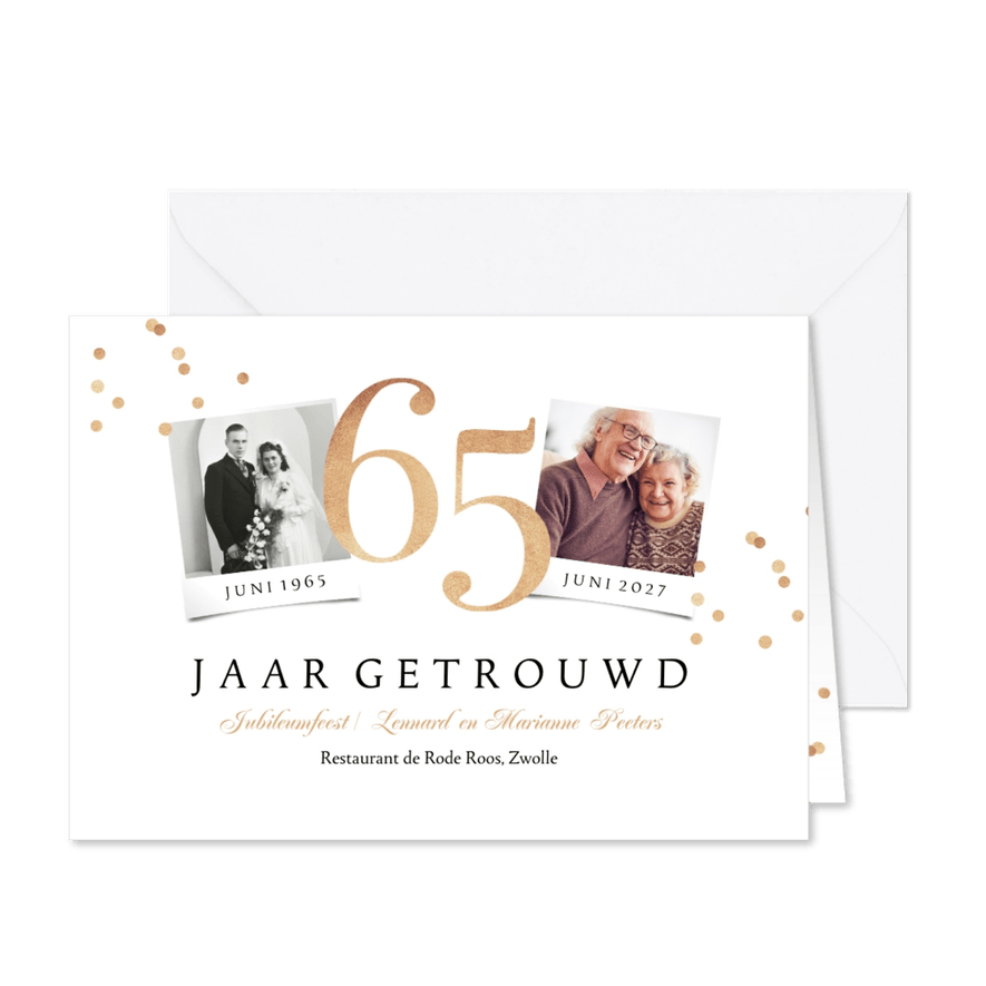 Jubileumfeest 65 jaar getrouwd goud huwelijk confetti - Kaartimpressie