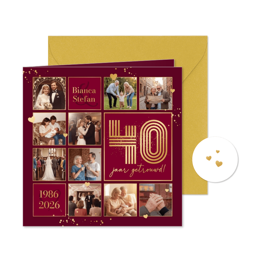 Jubileumfeest fotocollage uitnodiging liefde hartjes robijn - Kaartimpressie