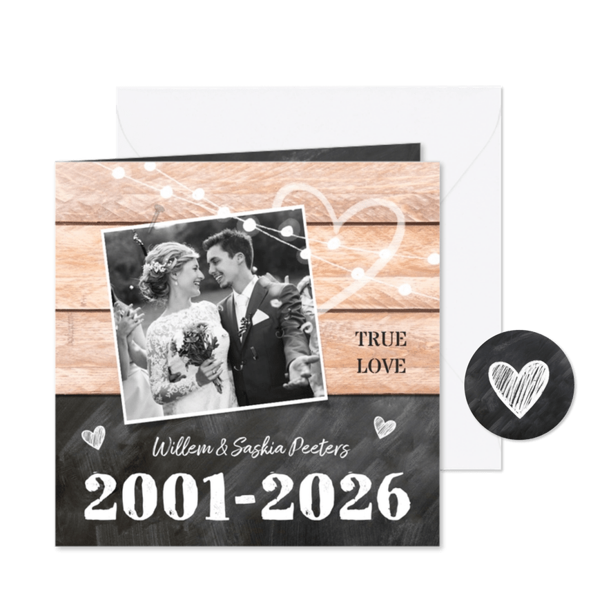 Jubileumfeest huwelijk hout krijtbord lampjes foto jaartal - Kaartimpressie