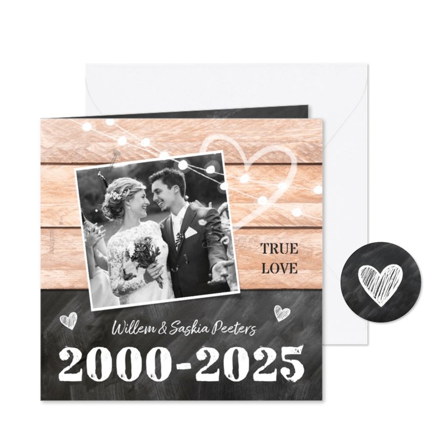 Jubileumfeest huwelijk hout krijtbord lampjes foto jaartal - Kaartimpressie