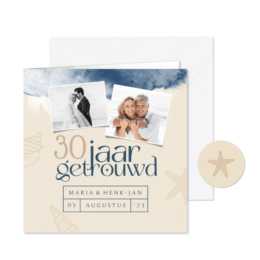 Jubileumfeest strand schelpen waterverf foto's - Kaartimpressie