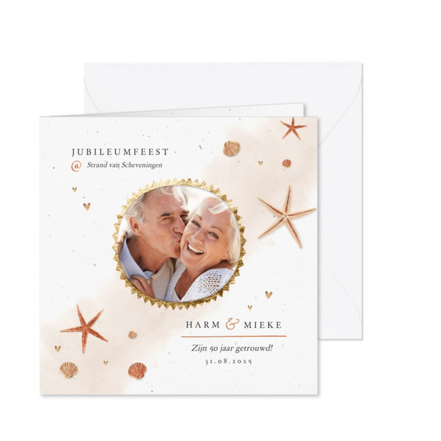 Jubileumfeest strand schelpen zeesterren foto uitnodiging - Kaartimpressie