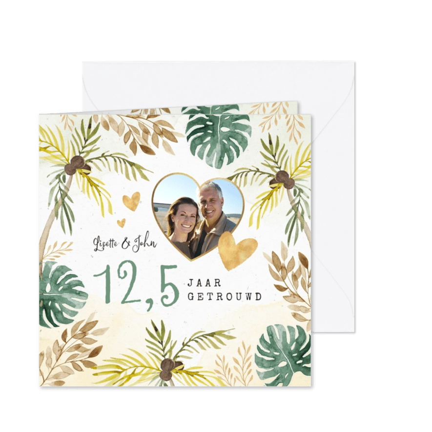 Jubileumfeest tropisch strand palmbomen hartjes foto - Kaartimpressie