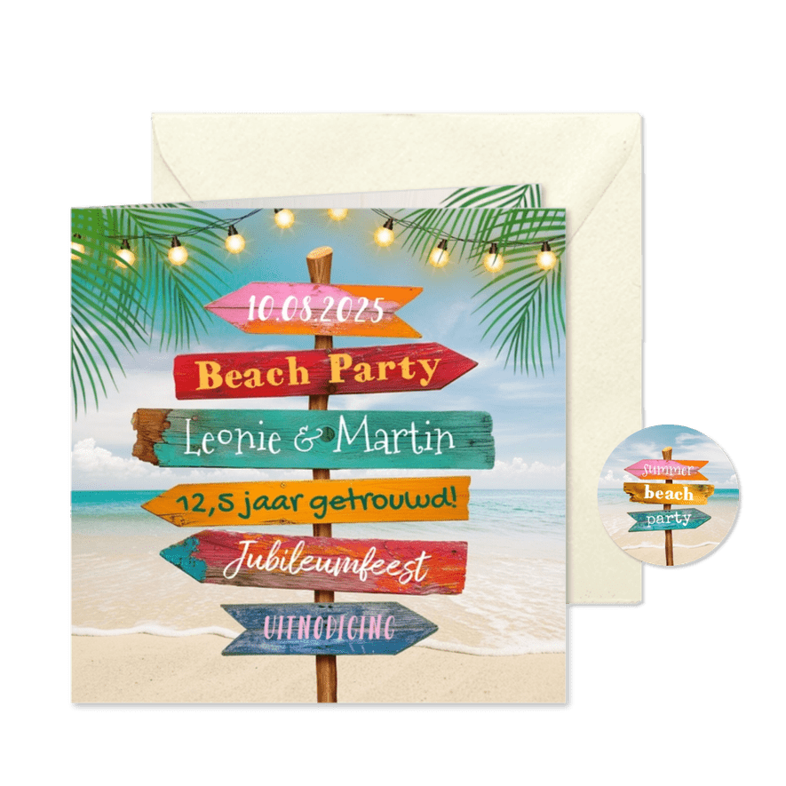 Jubileumfeest tropisch wegwijzers beach party zomer feestje - Kaartimpressie