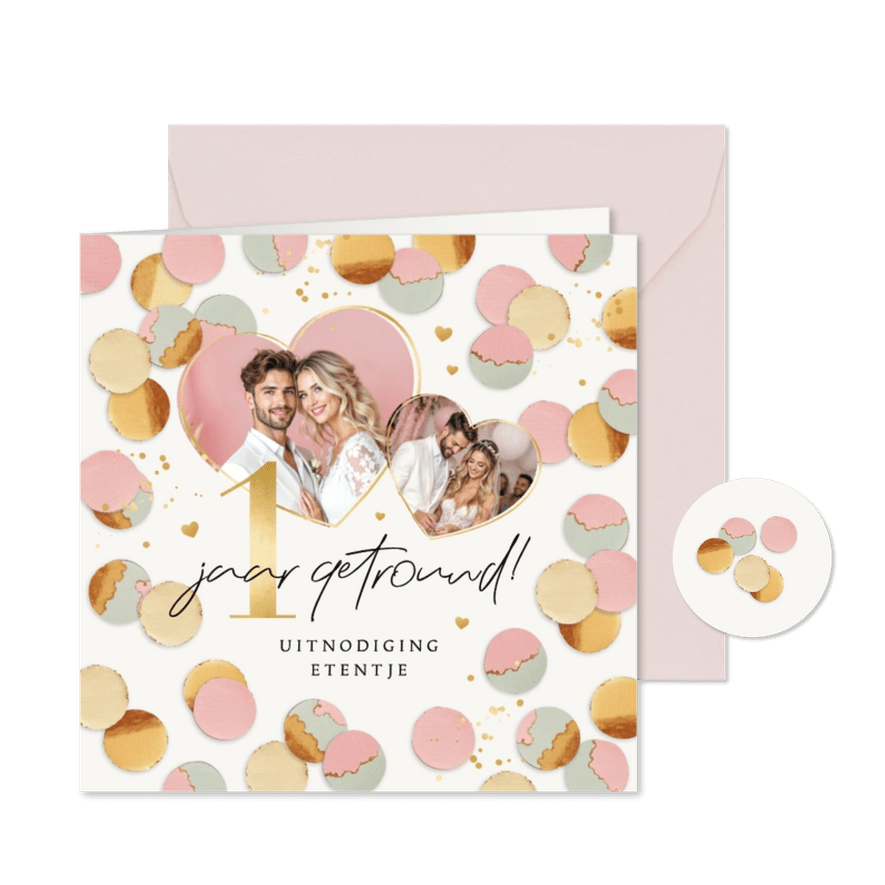 Jubileumfeest uitnodiging 1 jaar getrouwd confetti goud - Kaartimpressie