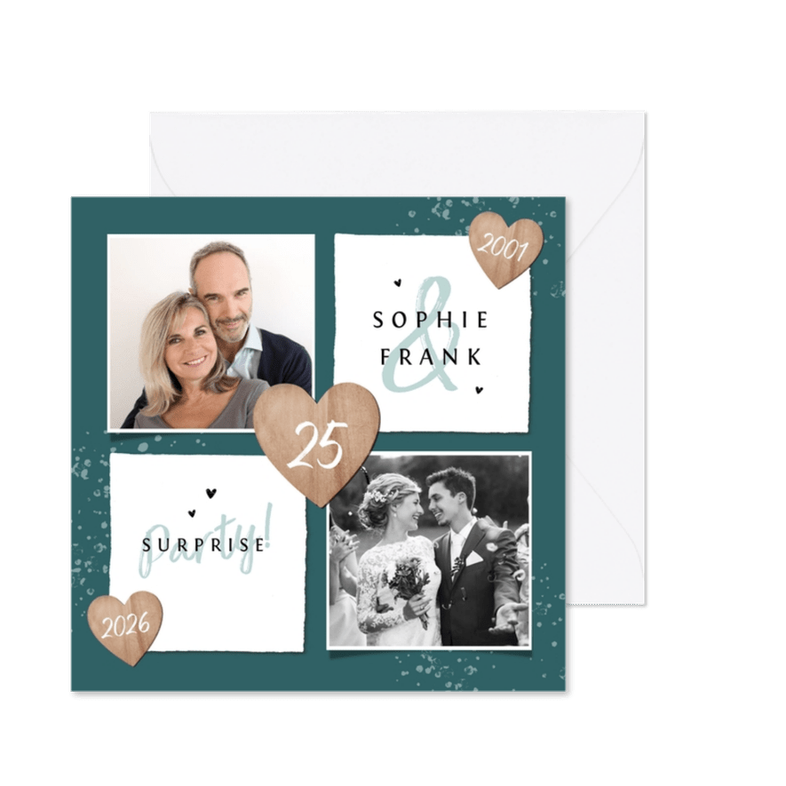 Jubileumfeest uitnodiging 25 jaar foto hartje hout liefde - Kaartimpressie