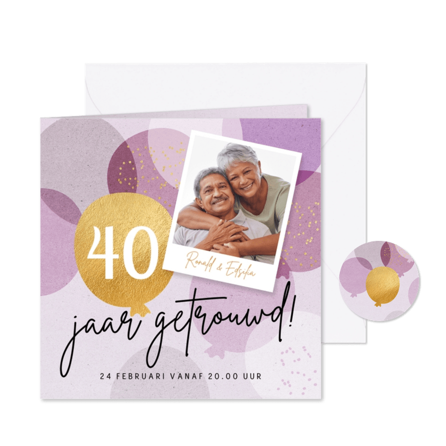 Jubileumfeest uitnodiging 40 jaar ballonnen en confetti - Kaartimpressie