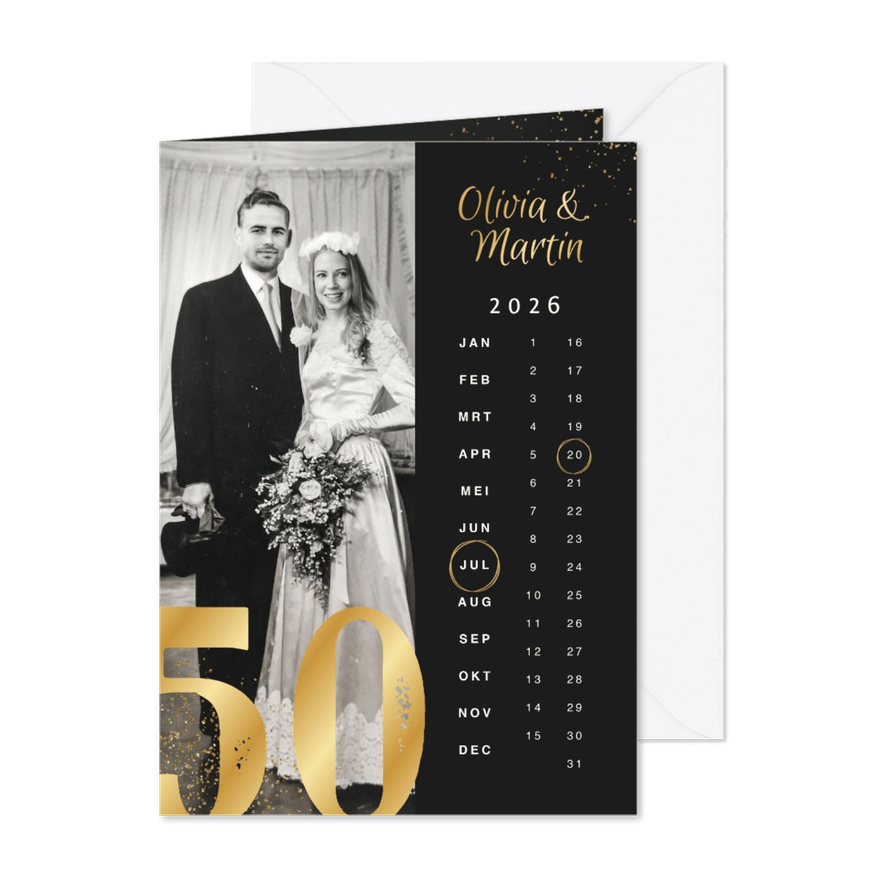 Jubileumfeest uitnodiging 50 jaar getrouwd goud kalender - Kaartimpressie