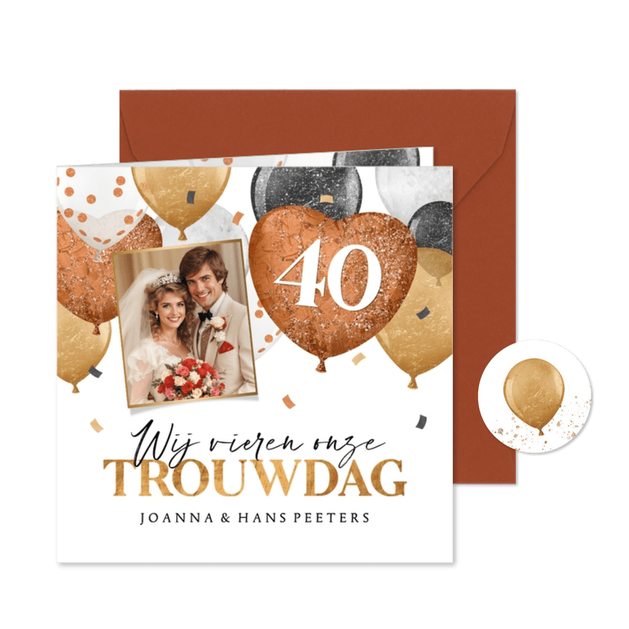 Jubileumfeest uitnodiging ballonnen confetti goud koper - Kaartimpressie