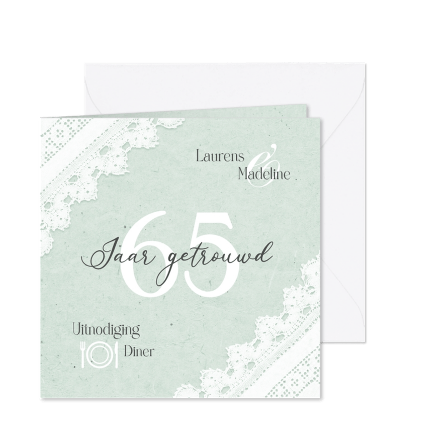 Jubileumfeest uitnodiging diner vintage kant mintgroen - Kaartimpressie