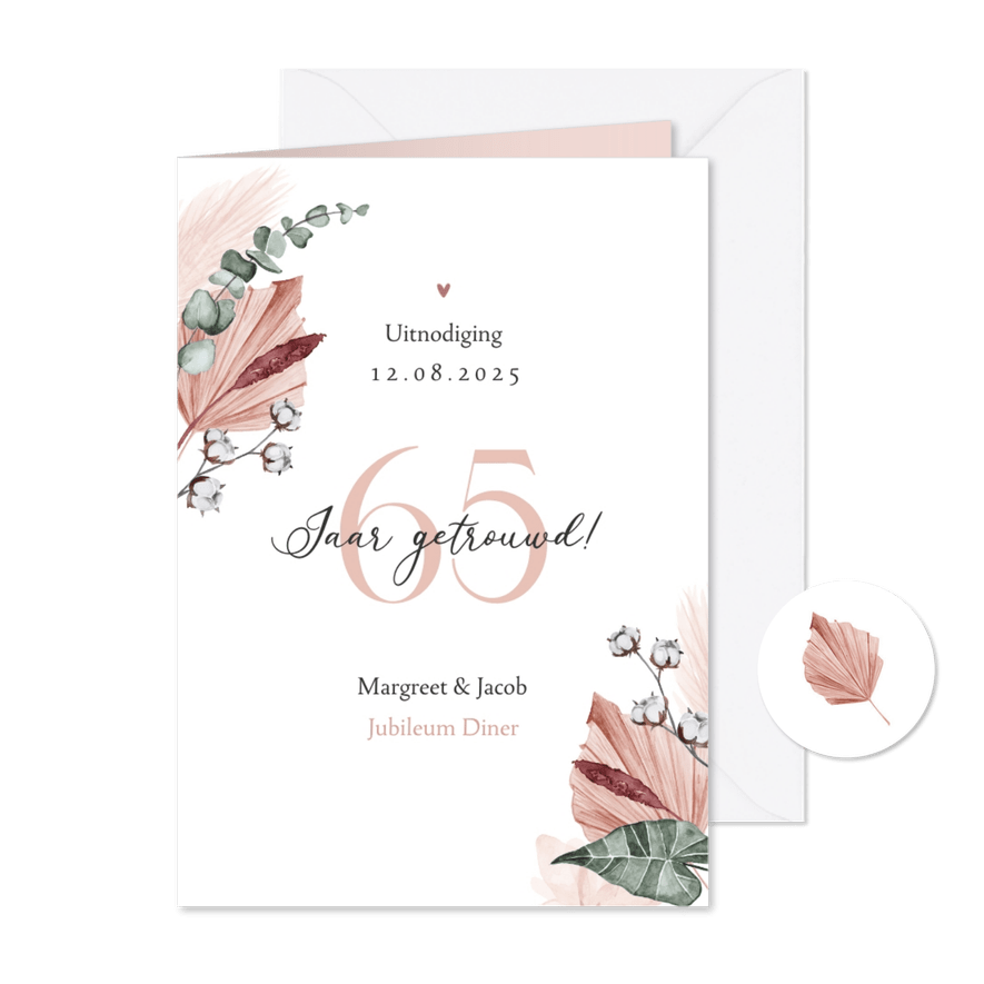 Jubileumfeest uitnodiging droogbloemen 65 jaar - Kaartimpressie