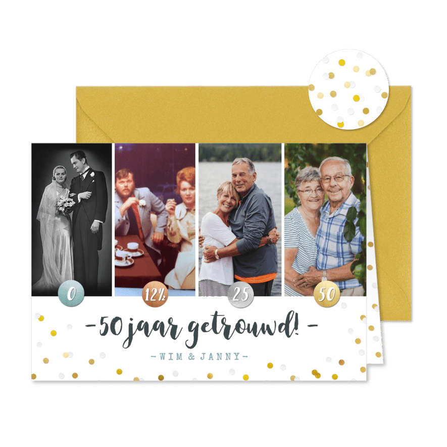Jubileumfeest uitnodiging fotocollage brons > zilver > goud! - Kaartimpressie