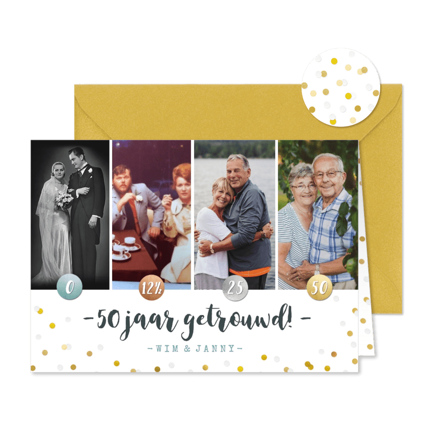 Jubileumfeest uitnodiging fotocollage brons > zilver > goud! - Kaartimpressie