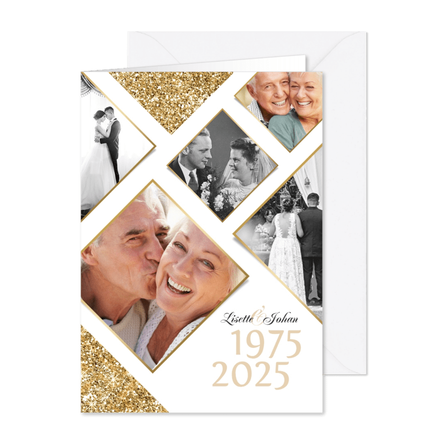 Jubileumfeest uitnodiging fotocollage goud jaartallen - Kaartimpressie