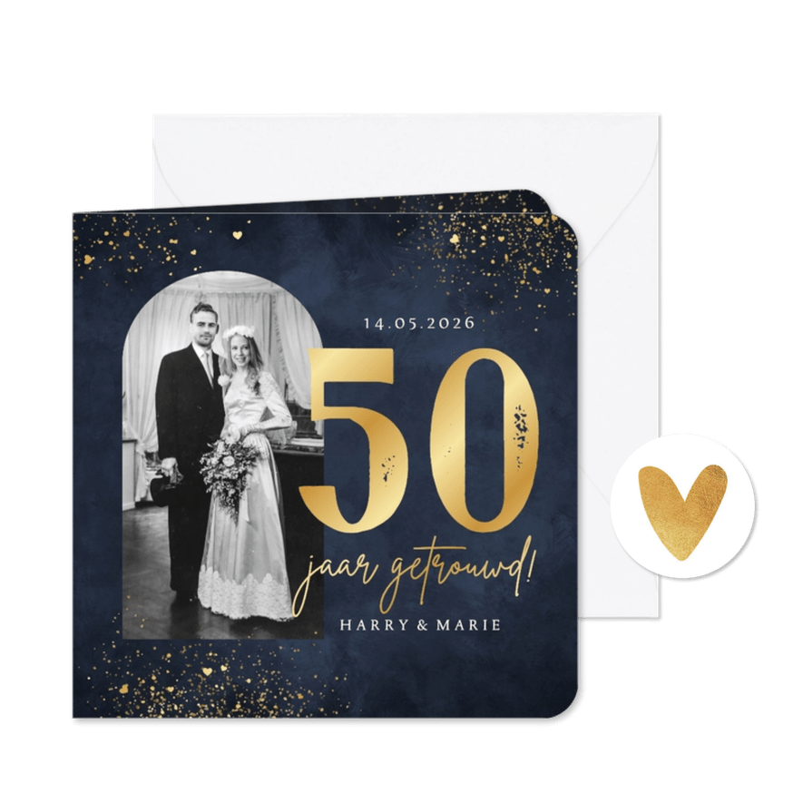 Jubileumfeest uitnodiging goud 50 jaar getrouwd foto hartjes - Kaartimpressie
