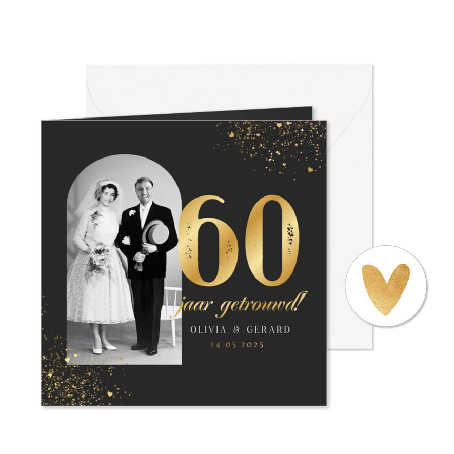 Jubileumfeest uitnodiging goud 60 jaar getrouwd foto hartjes - Kaartimpressie