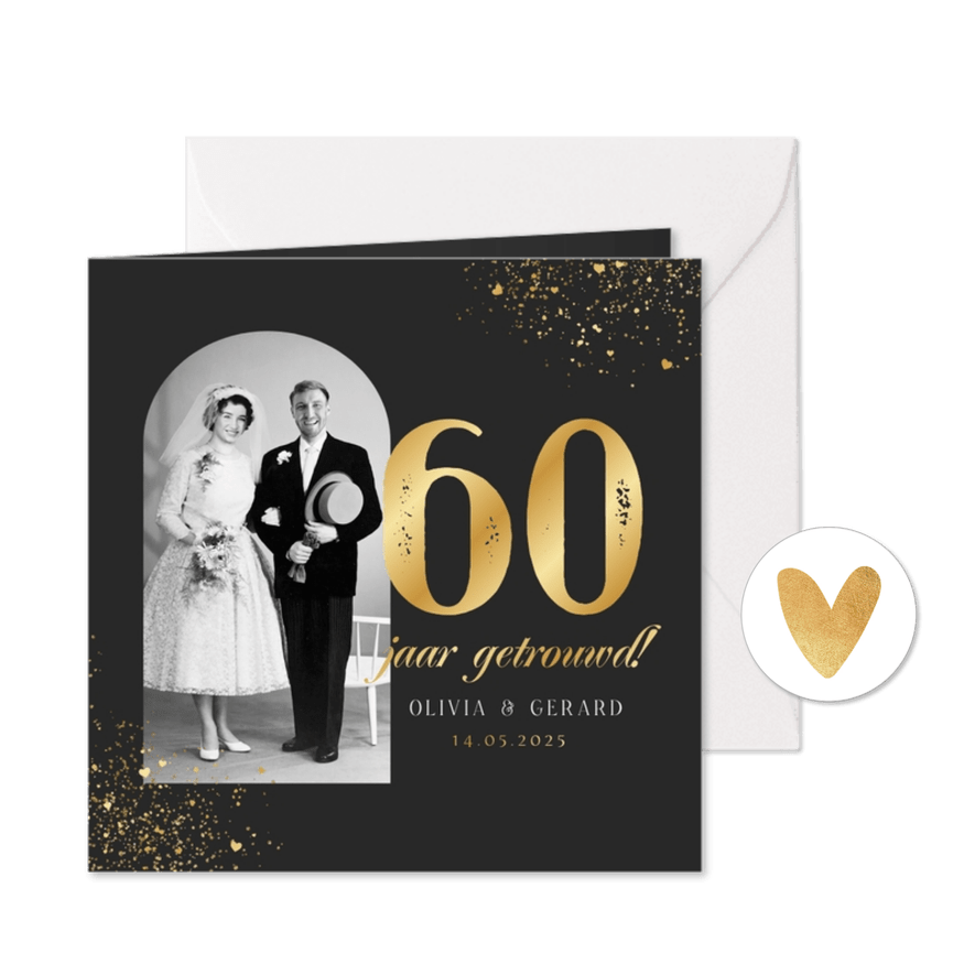 Jubileumfeest uitnodiging goud 60 jaar getrouwd foto hartjes - Kaartimpressie