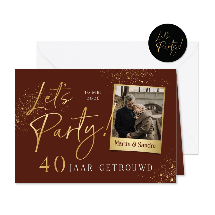 Jubileumfeest uitnodiging goud let's party 40 foto hartjes - Kaartimpressie