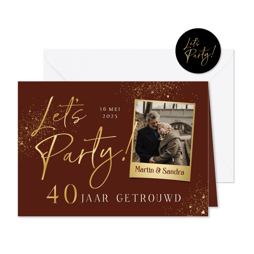 Jubileumfeest uitnodiging goud let's party 40 foto hartjes - Kaartimpressie