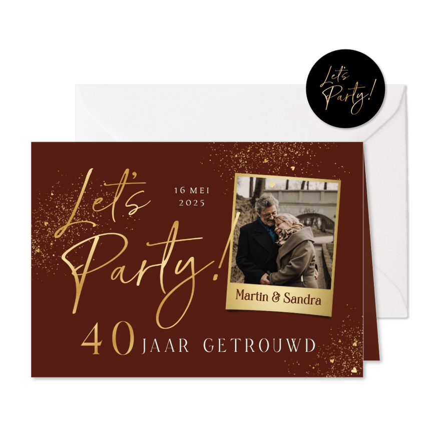 Jubileumfeest uitnodiging goud let's party 40 foto hartjes - Kaartimpressie