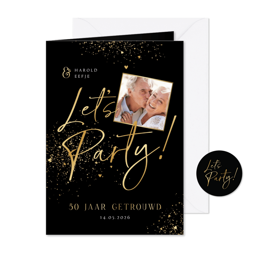 Jubileumfeest uitnodiging goud let's party 50 foto hartjes - Kaartimpressie