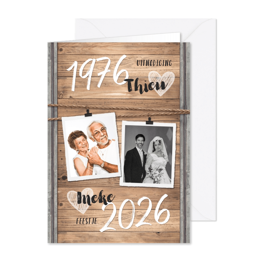 Jubileumfeest uitnodiging industrieel hout huwelijk - Kaartimpressie