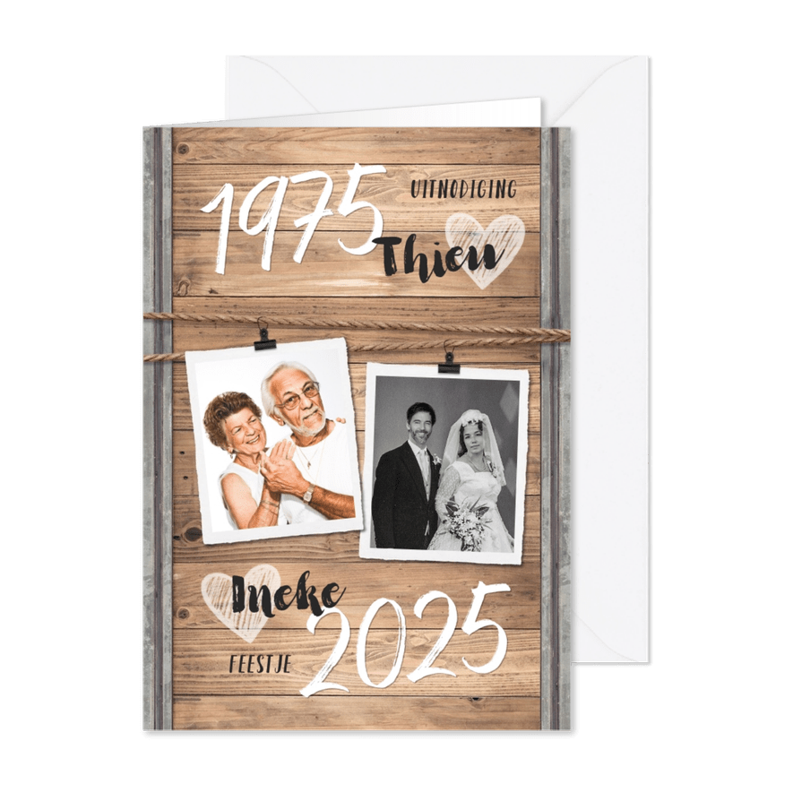 Jubileumfeest uitnodiging industrieel hout huwelijk - Kaartimpressie