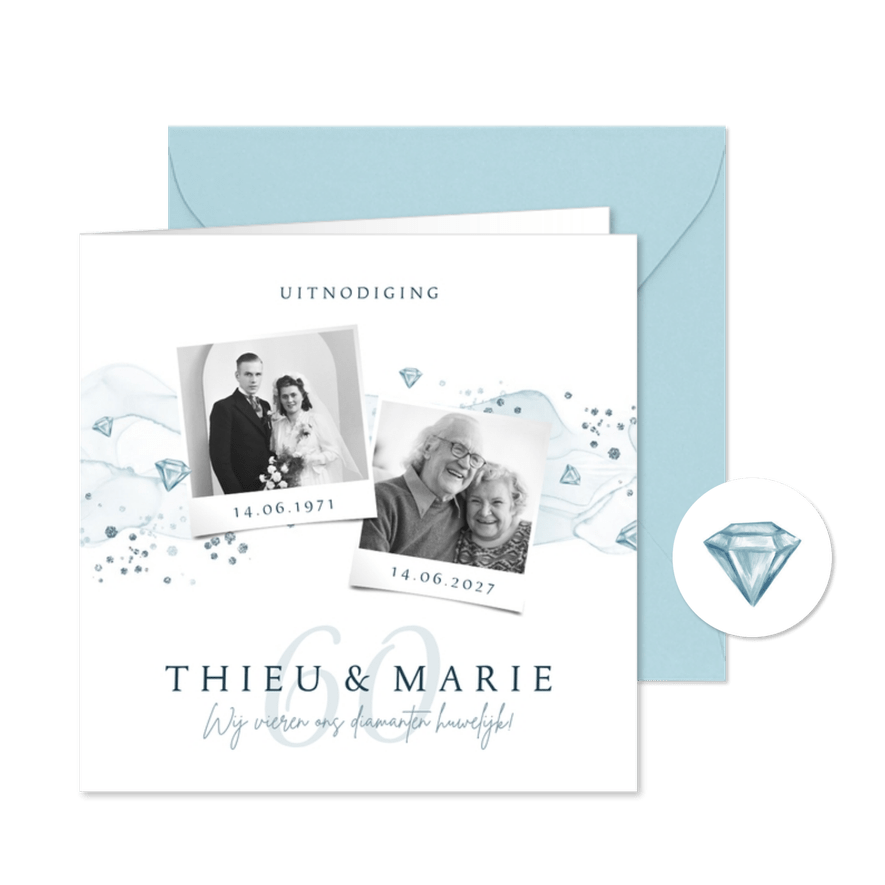 Jubileumfeest uitnodiging klassiek diamant waterverf foto's - Kaartimpressie