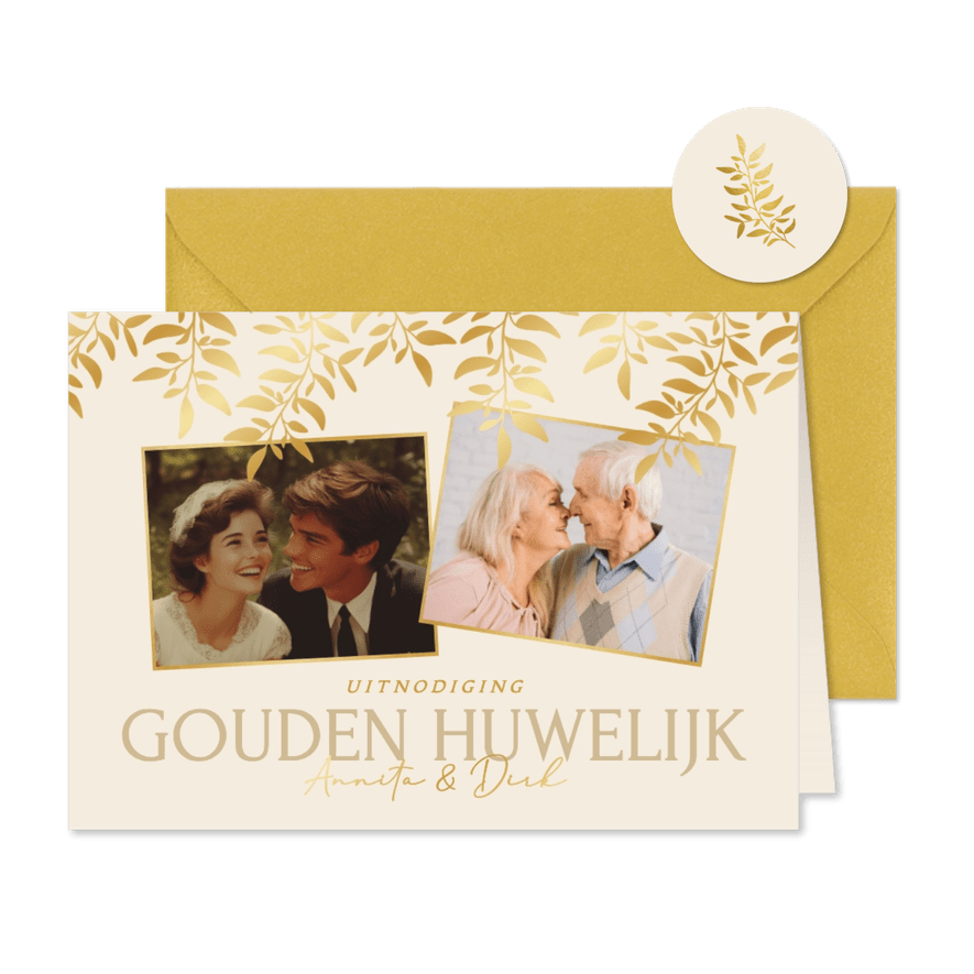 Jubileumfeest uitnodiging met goudfolie takjes en foto's - Kaartimpressie