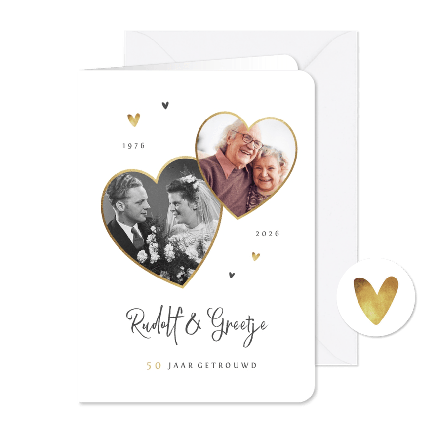 Jubileumfeest uitnodiging stijlvol hartjes liefde goud - Kaartimpressie