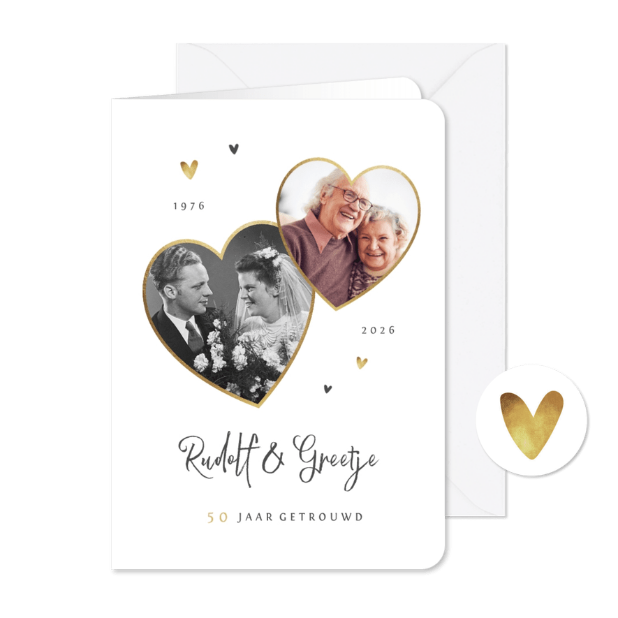 Jubileumfeest uitnodiging stijlvol hartjes liefde goud - Kaartimpressie
