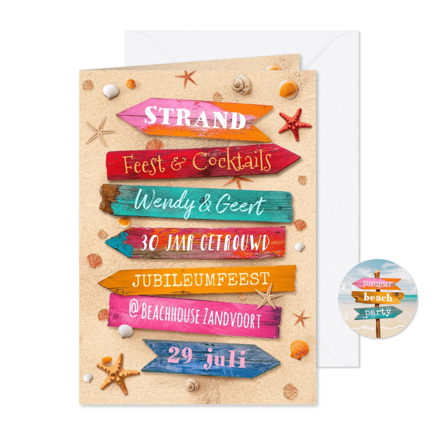 Jubileumfeest uitnodiging strand wegwijzers schelpen - Kaartimpressie