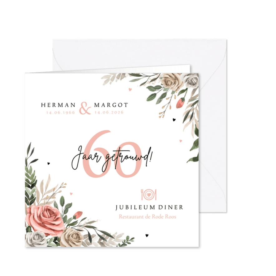 Jubileumfeest uitnodiging vintage bloemen hartjes diner - Kaartimpressie