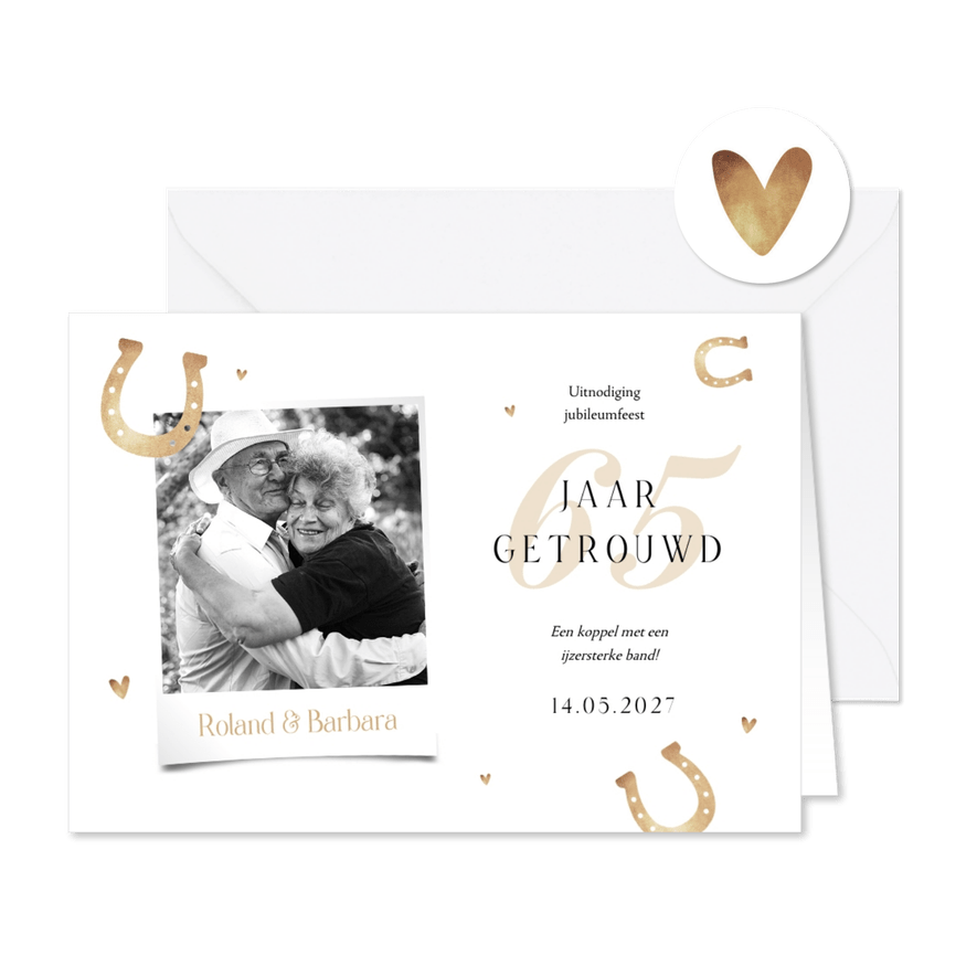 Jubileumfeest uitnodigingskaart 65 jaar getrouwd hoefijzers - Kaartimpressie