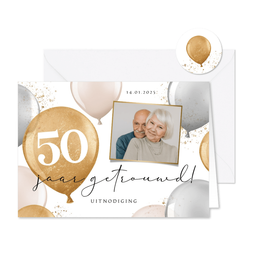 Jubileumfeest uitnodigingskaart goud zilver foto ballonnen - Kaartimpressie