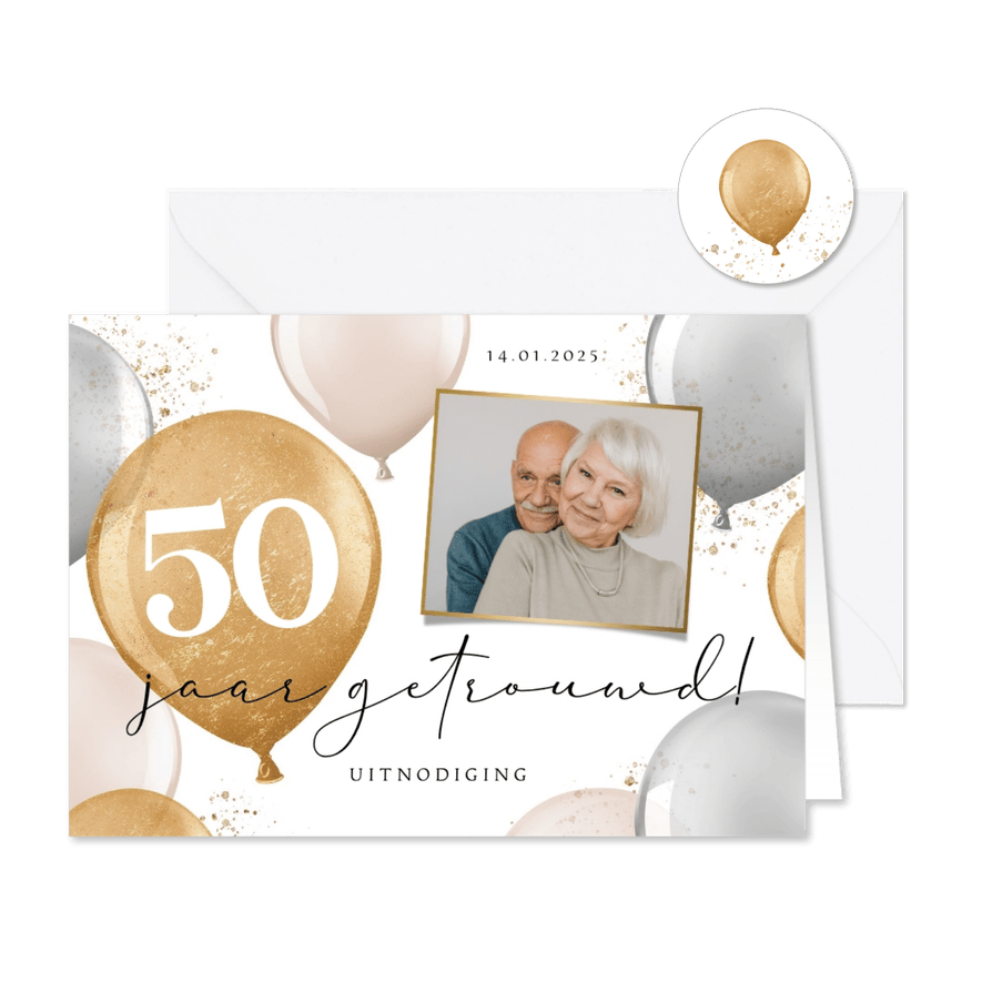 Jubileumfeest uitnodigingskaart goud zilver foto ballonnen - Kaartimpressie