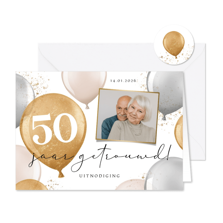 Jubileumfeest uitnodigingskaart goud zilver foto ballonnen - Kaartimpressie