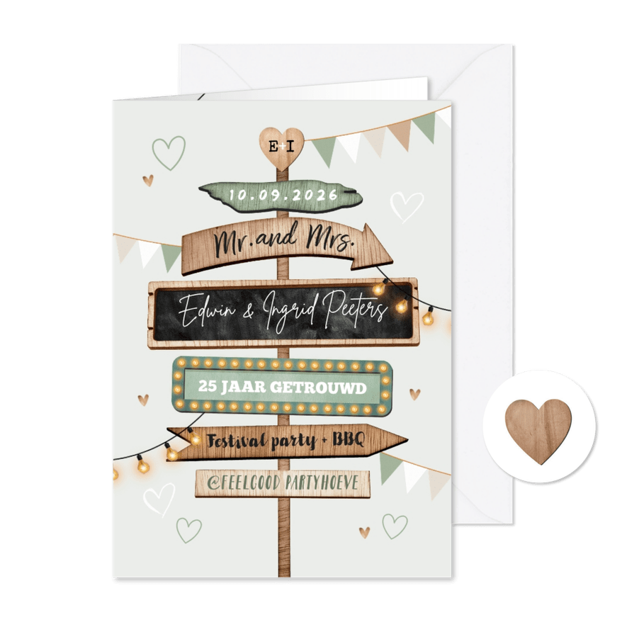 Jubileumfeest wegwijzers festival tuinfeest hout hartjes - Kaartimpressie