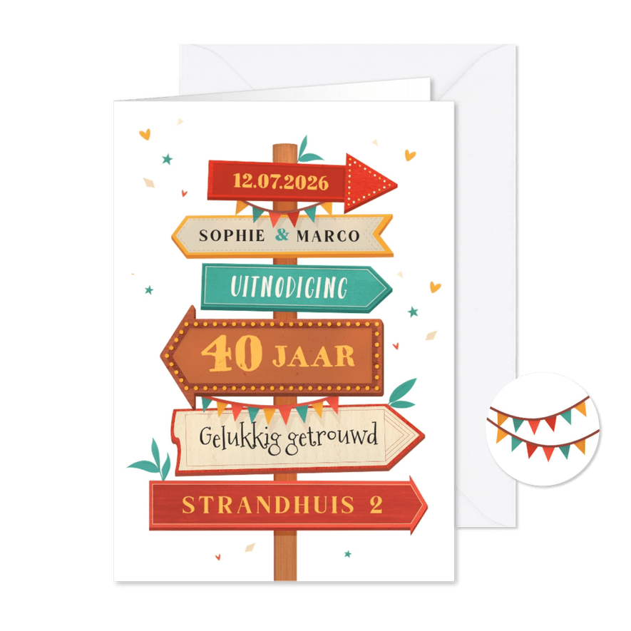 Jubileumfeest wegwijzers hout slingers 40 jaar - Kaartimpressie