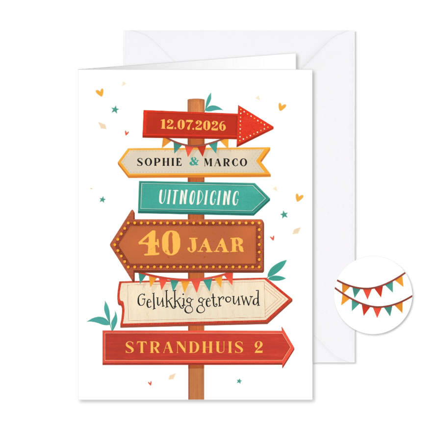 Jubileumfeest wegwijzers hout slingers 40 jaar - Kaartimpressie
