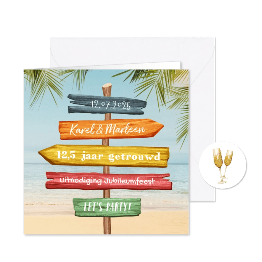 Jubileumfeest wegwijzers strand tropisch hout feestje - Kaartimpressie