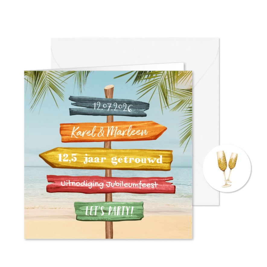 Jubileumfeest wegwijzers strand tropisch hout feestje - Kaartimpressie