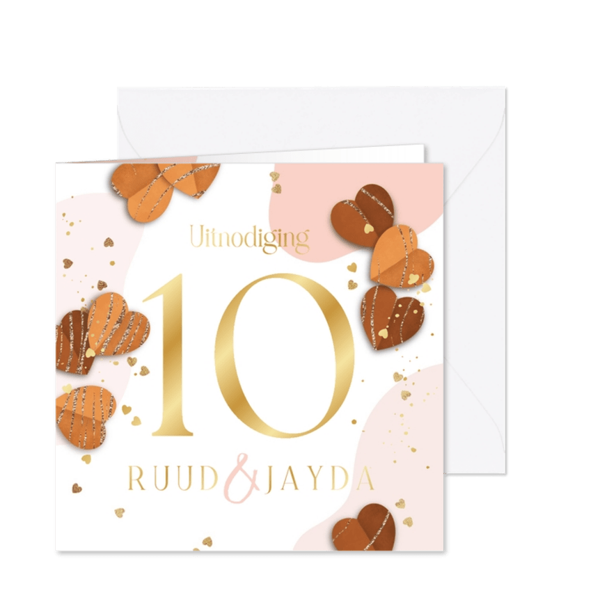 Jubileumkaart 10 jaar getrouwd goudfolie hartjesconfetti - Kaartimpressie