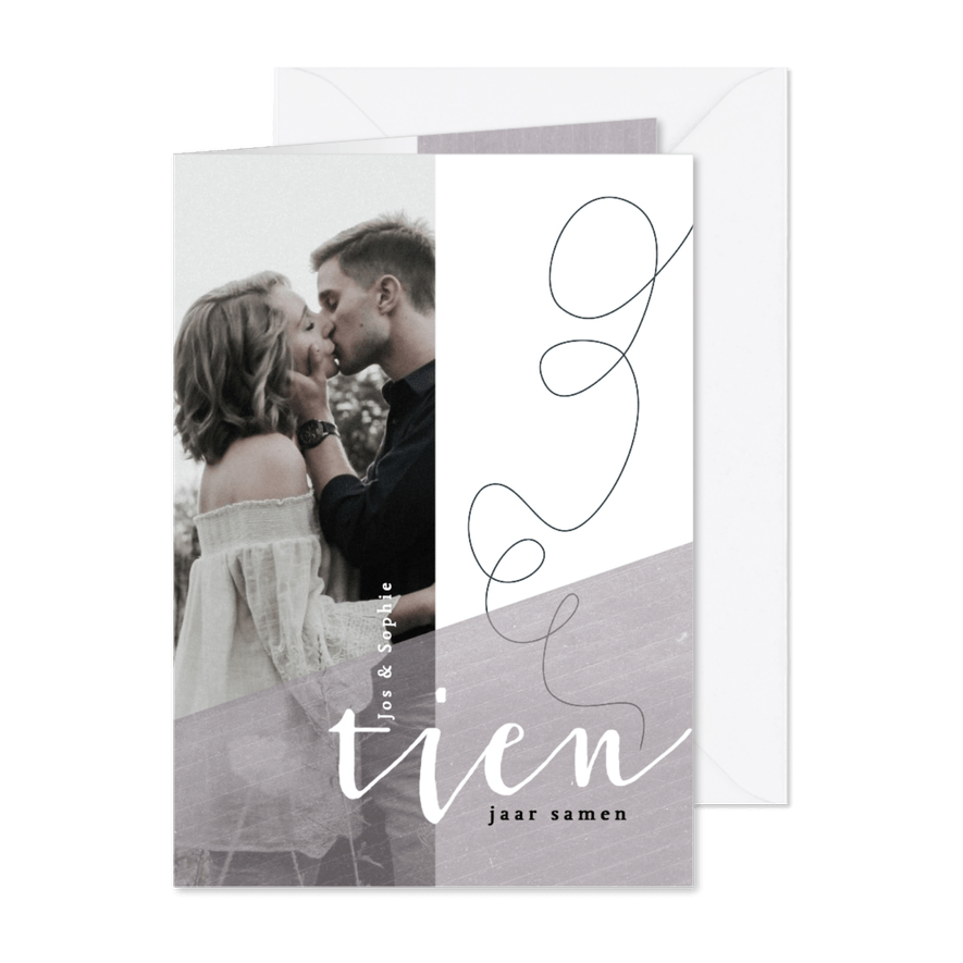 Jubileumkaart 10 jaar samen/getrouwd met krijtkleur paars - Kaartimpressie