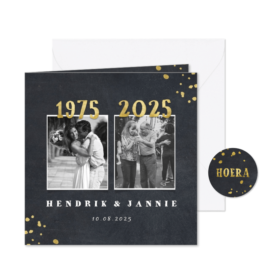 Jubileumkaart 1975 met foto's en gouden spetters - Kaartimpressie
