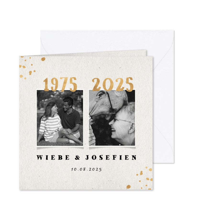 Jubileumkaart 1975 met gouden spetters en foto's - Kaartimpressie